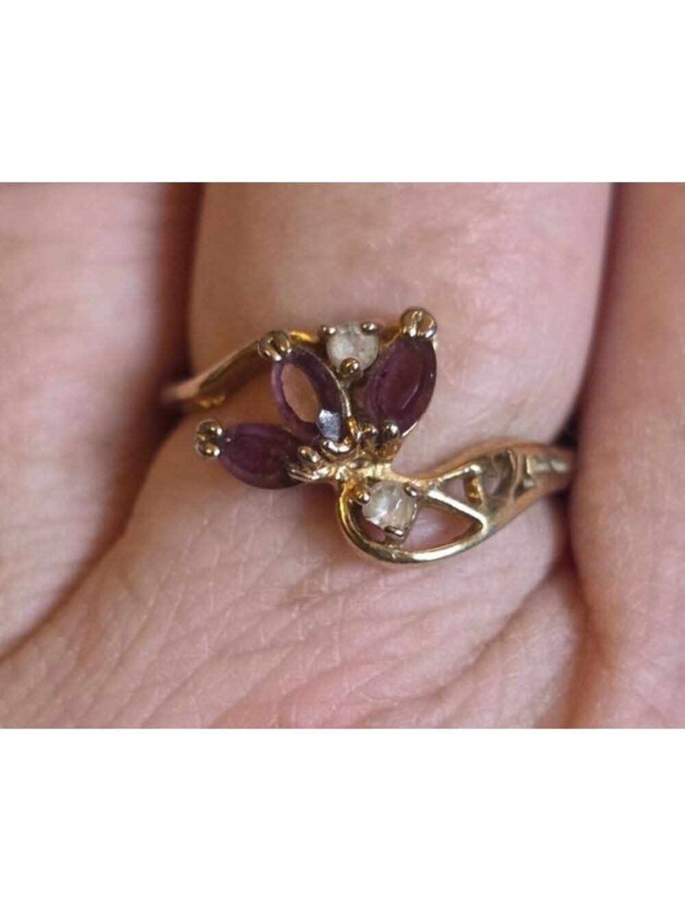 Vintage Amethyst Rhinestone Bypass Ring – Gold-Tone Marquise Floral Motif Sz 7